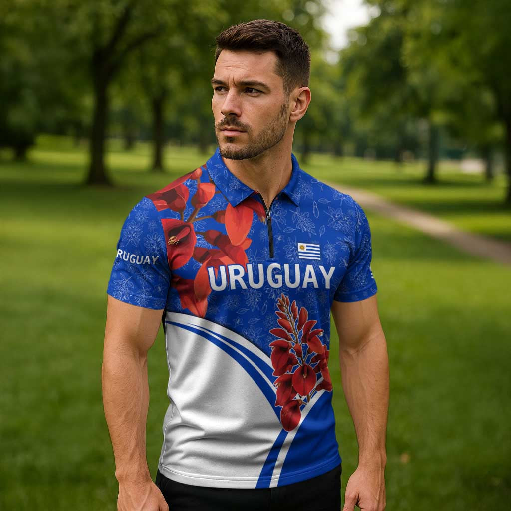 Uruguay Zipper Polo Shirt with Erythrina Flower Illustration Blue White Nature - Wonder Print Shop