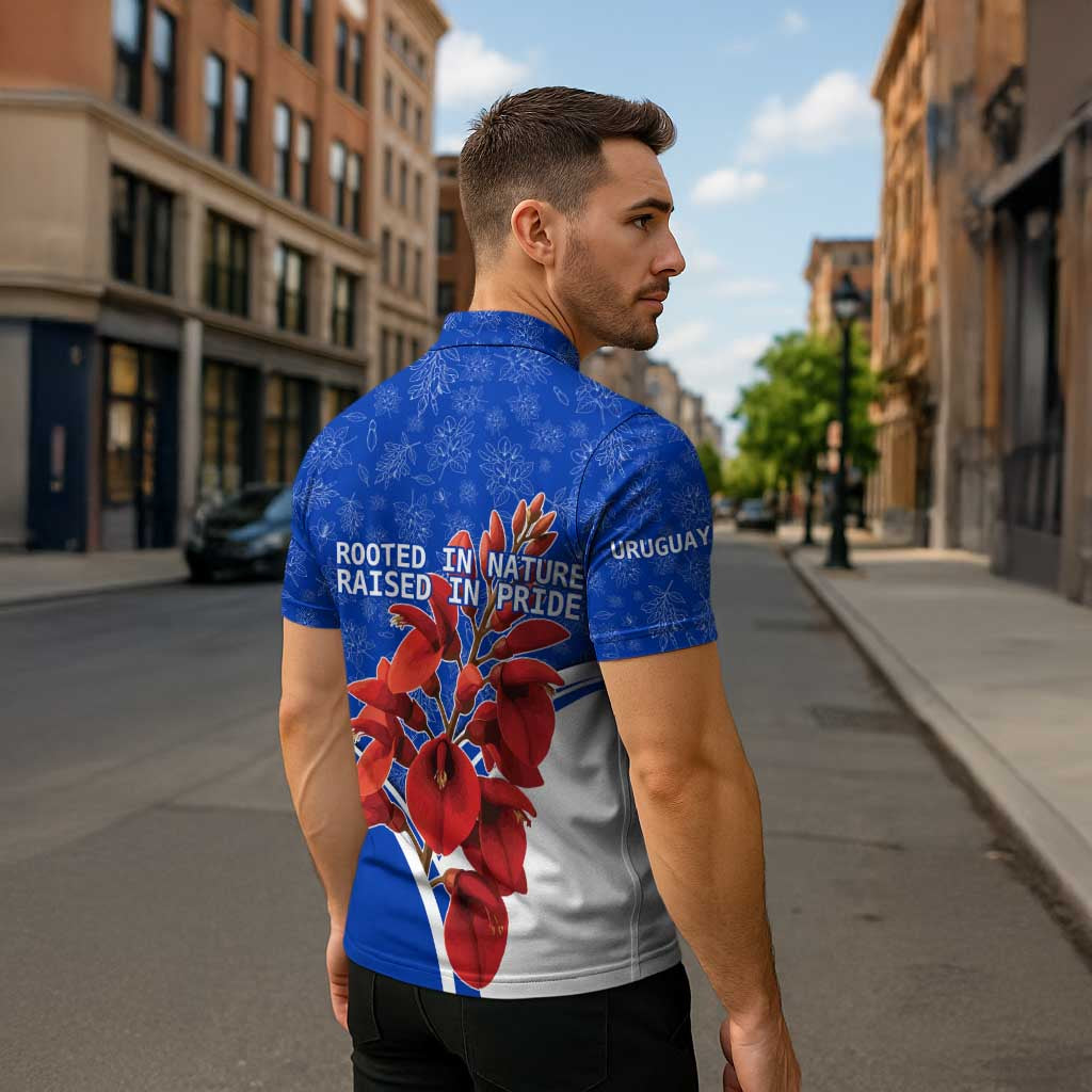 Uruguay Zipper Polo Shirt with Erythrina Flower Illustration Blue White Nature - Wonder Print Shop