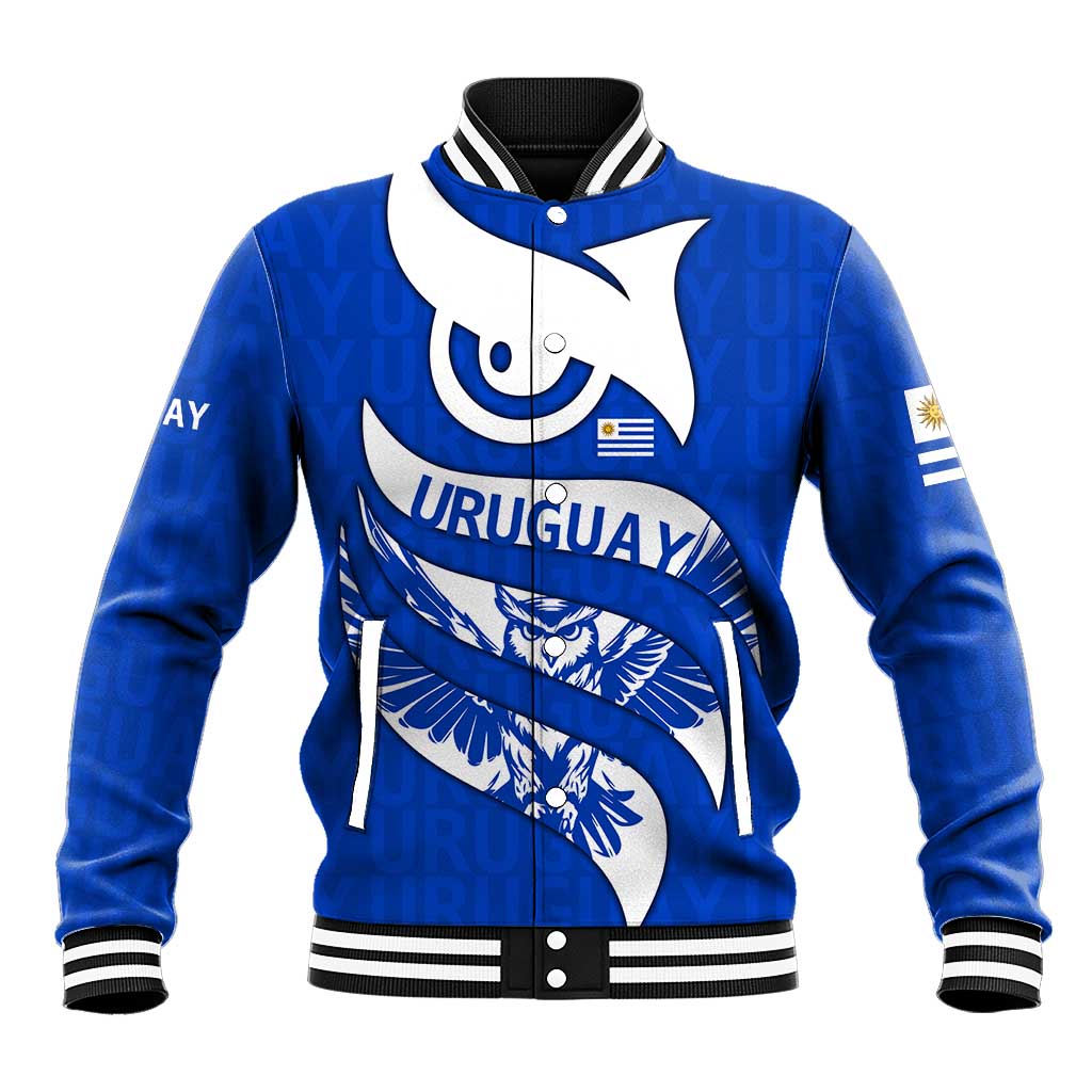Uruguay Baseball Jacket with Owl Illustration Blue White Abstract Motion Design - Wonder Print Shop