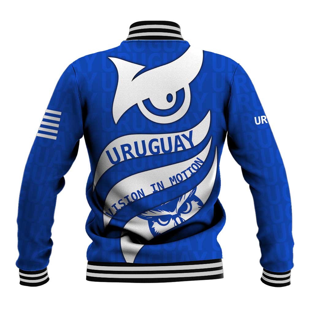 Uruguay Baseball Jacket with Owl Illustration Blue White Abstract Motion Design - Wonder Print Shop