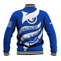 Uruguay Baseball Jacket with Owl Illustration Blue White Abstract Motion Design - Wonder Print Shop