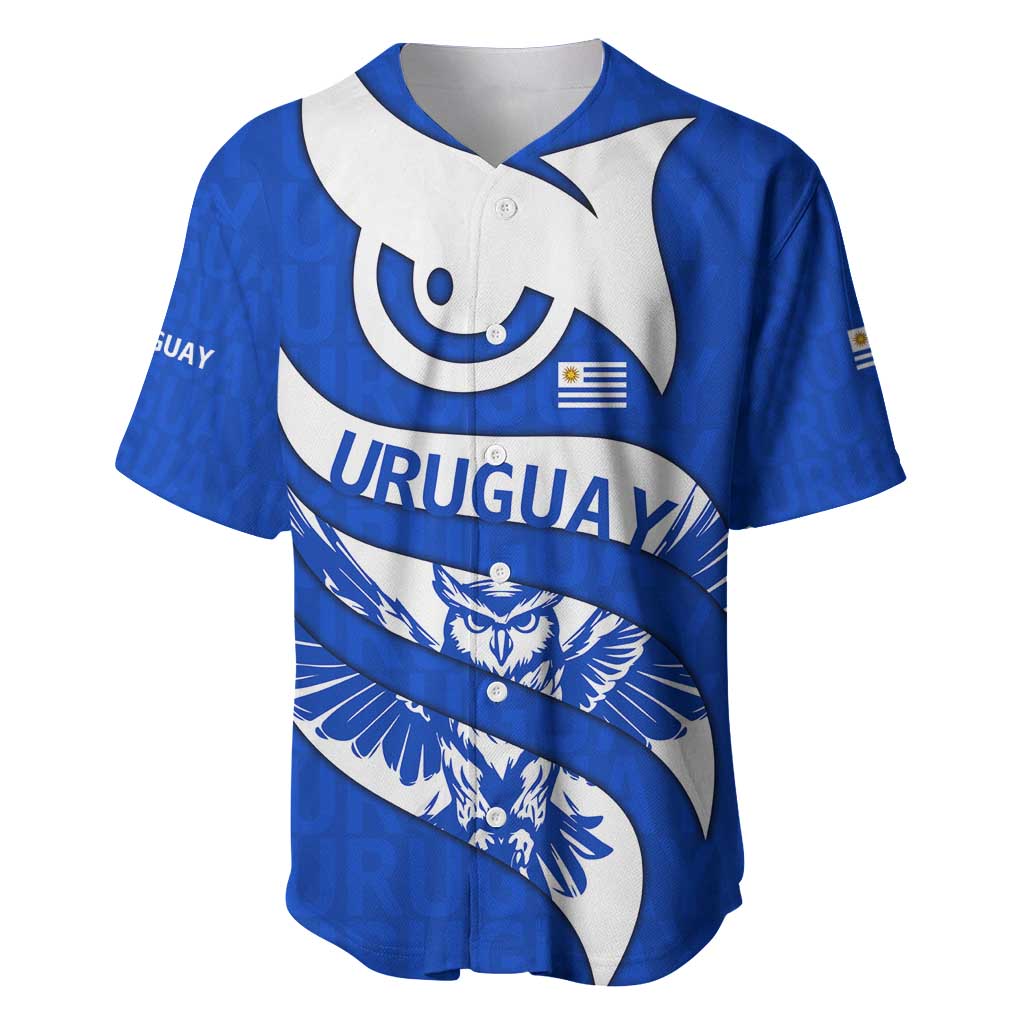 Uruguay Baseball Jersey with Owl Illustration Blue White Abstract Motion Design - Wonder Print Shop