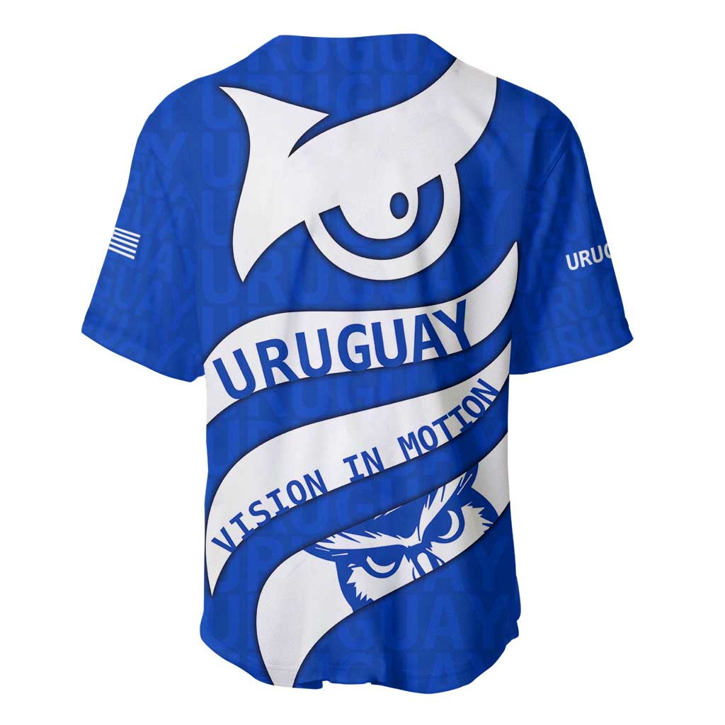 Uruguay Baseball Jersey with Owl Illustration Blue White Abstract Motion Design - Wonder Print Shop