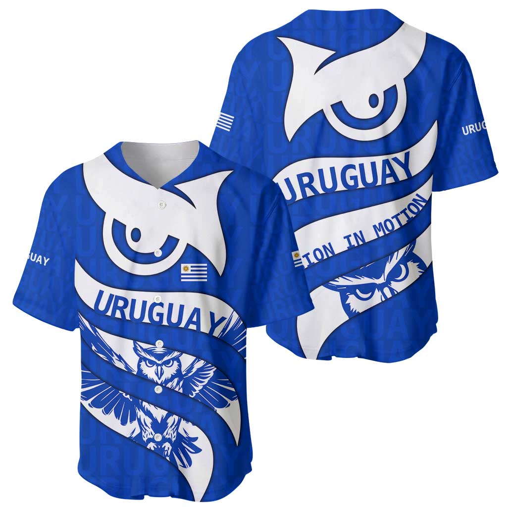 Uruguay Baseball Jersey with Owl Illustration Blue White Abstract Motion Design - Wonder Print Shop