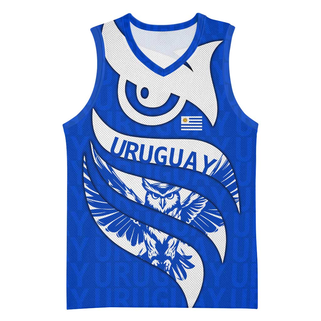 Uruguay Basketball Jersey with Owl Illustration Blue White Abstract Motion Design - Wonder Print Shop