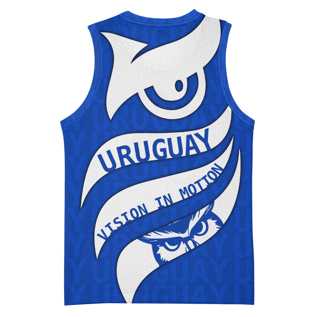 Uruguay Basketball Jersey with Owl Illustration Blue White Abstract Motion Design - Wonder Print Shop
