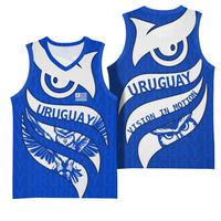 Uruguay Basketball Jersey with Owl Illustration Blue White Abstract Motion Design - Wonder Print Shop