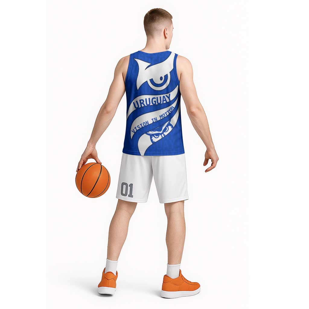 Uruguay Basketball Jersey with Owl Illustration Blue White Abstract Motion Design - Wonder Print Shop