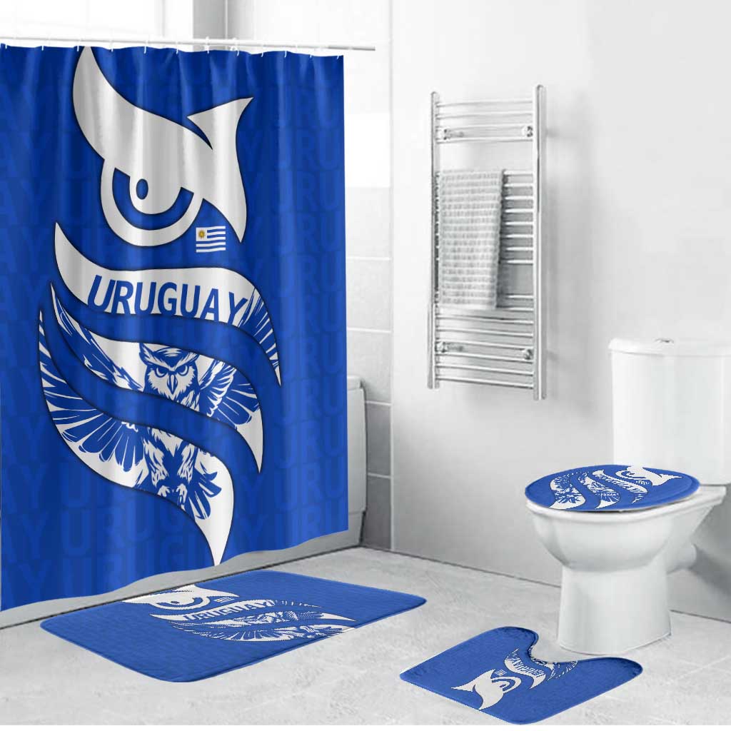 Uruguay Bathroom Set with Owl Illustration Blue White Abstract Motion Design - Wonder Print Shop