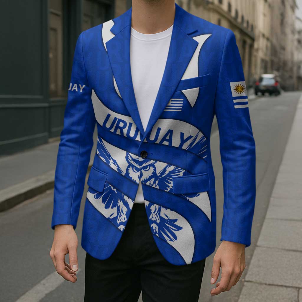 Uruguay Blazer with Owl Illustration Blue White Abstract Motion Design - Wonder Print Shop
