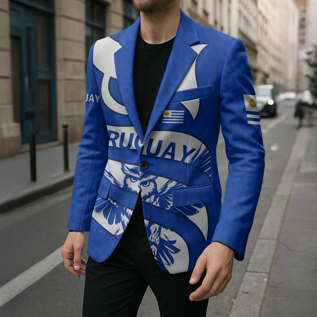 Uruguay Blazer with Owl Illustration Blue White Abstract Motion Design - Wonder Print Shop