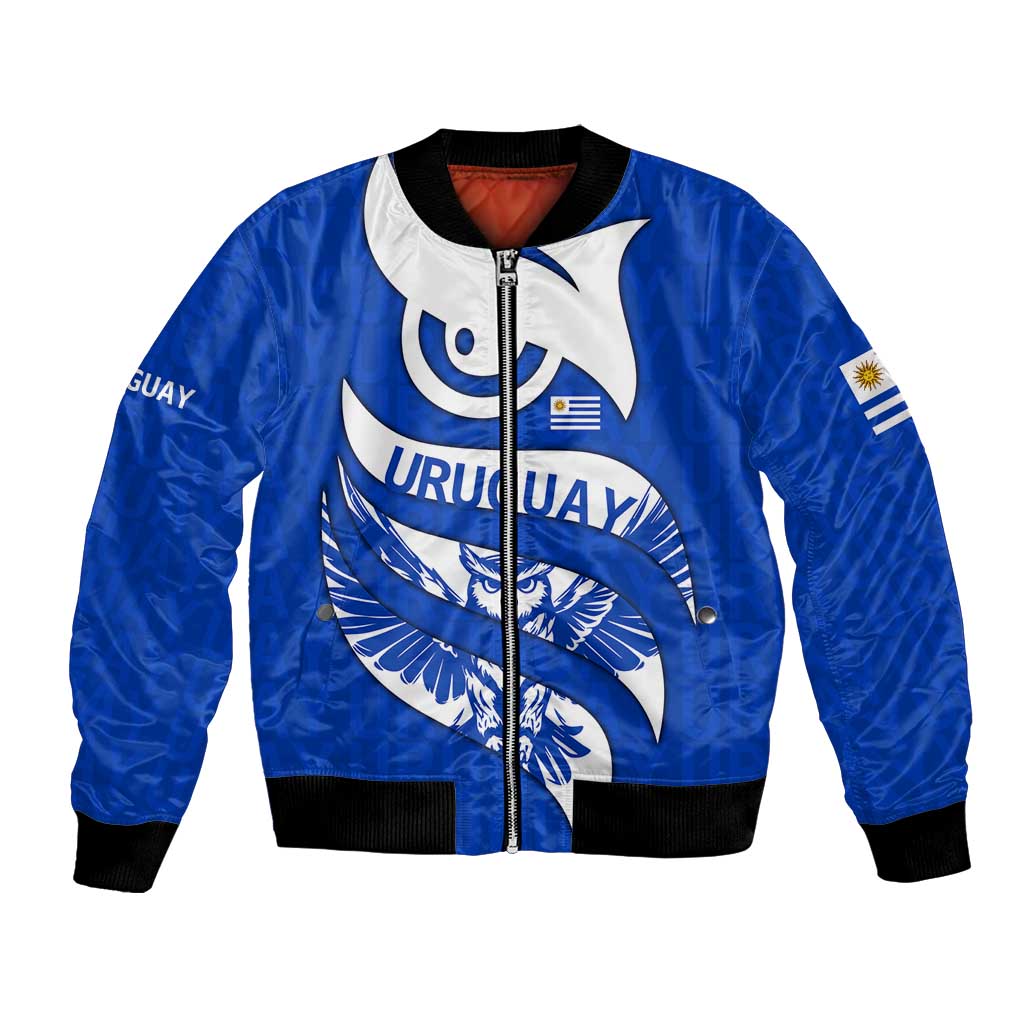 Uruguay Bomber Jacket with Owl Illustration Blue White Abstract Motion Design - Wonder Print Shop