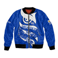 Uruguay Bomber Jacket with Owl Illustration Blue White Abstract Motion Design - Wonder Print Shop