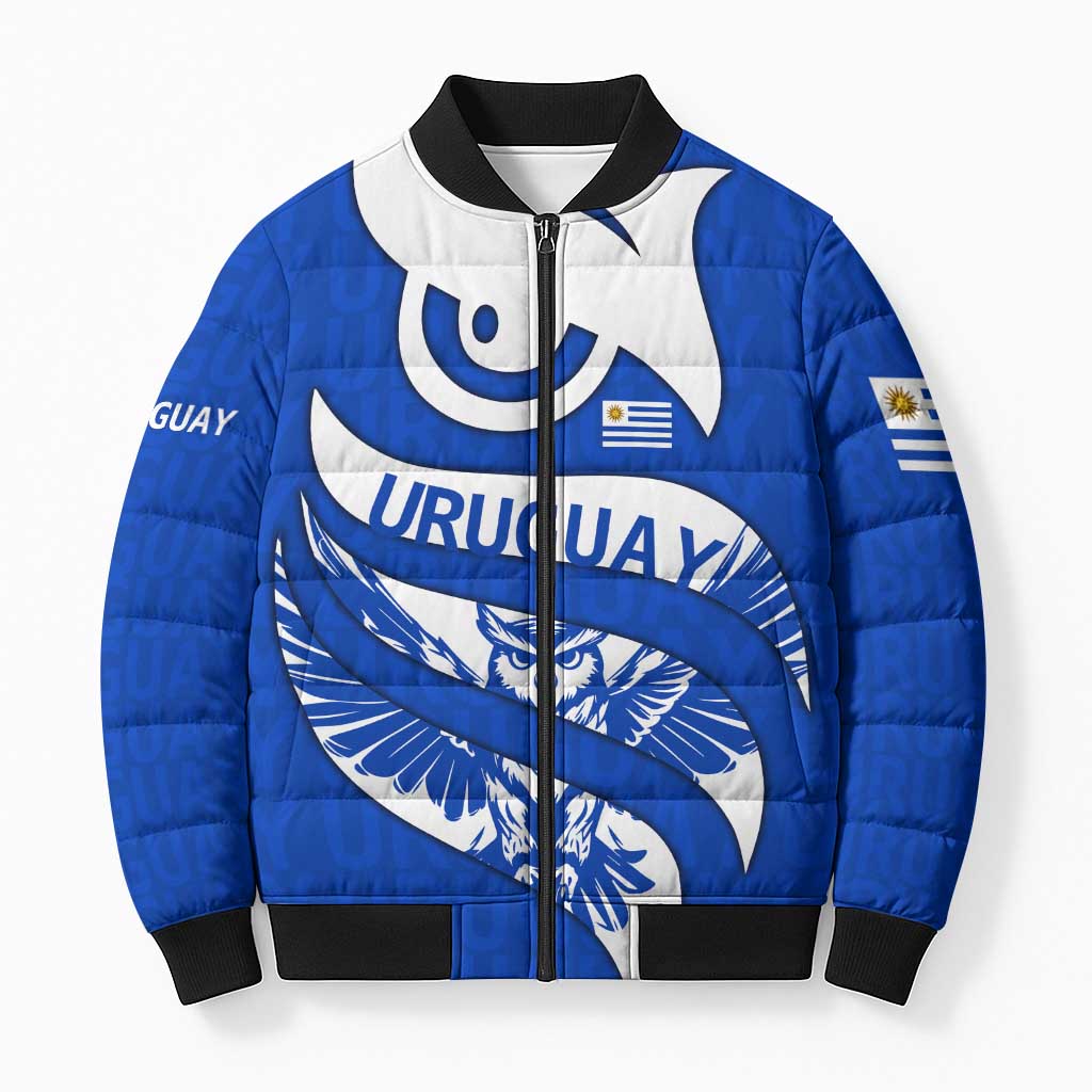 Uruguay Bomber Puffer Jacket with Owl Illustration Blue White Abstract Motion Design - Wonder Print Shop