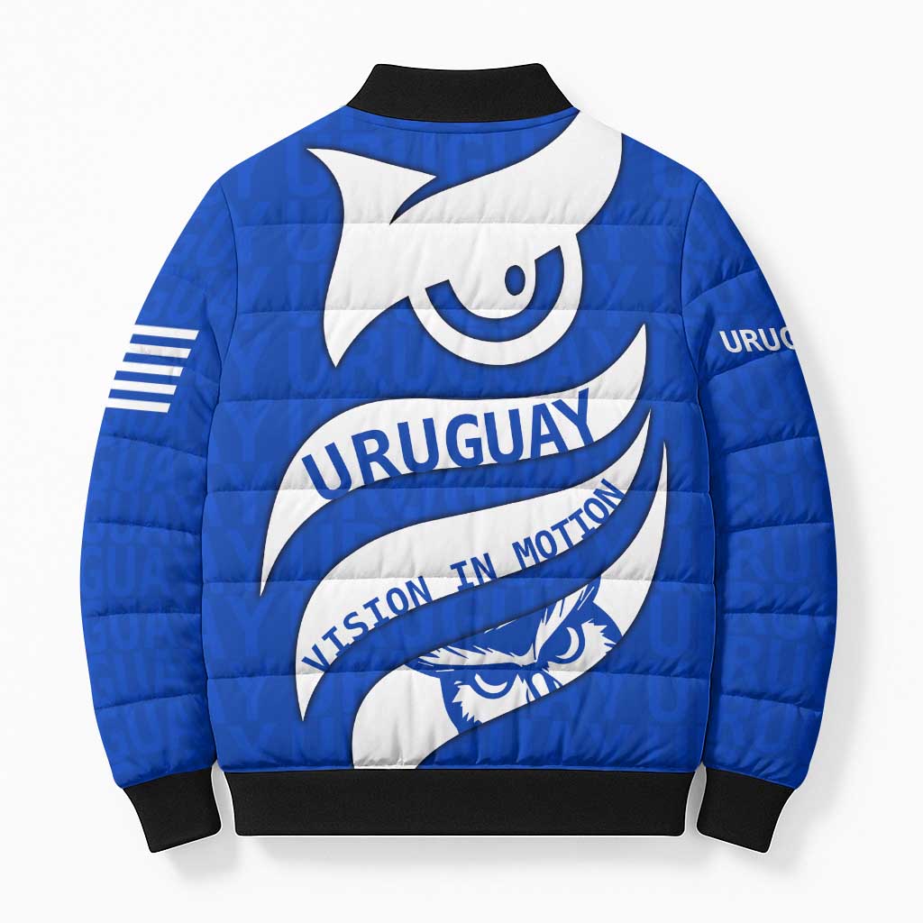 Uruguay Bomber Puffer Jacket with Owl Illustration Blue White Abstract Motion Design - Wonder Print Shop
