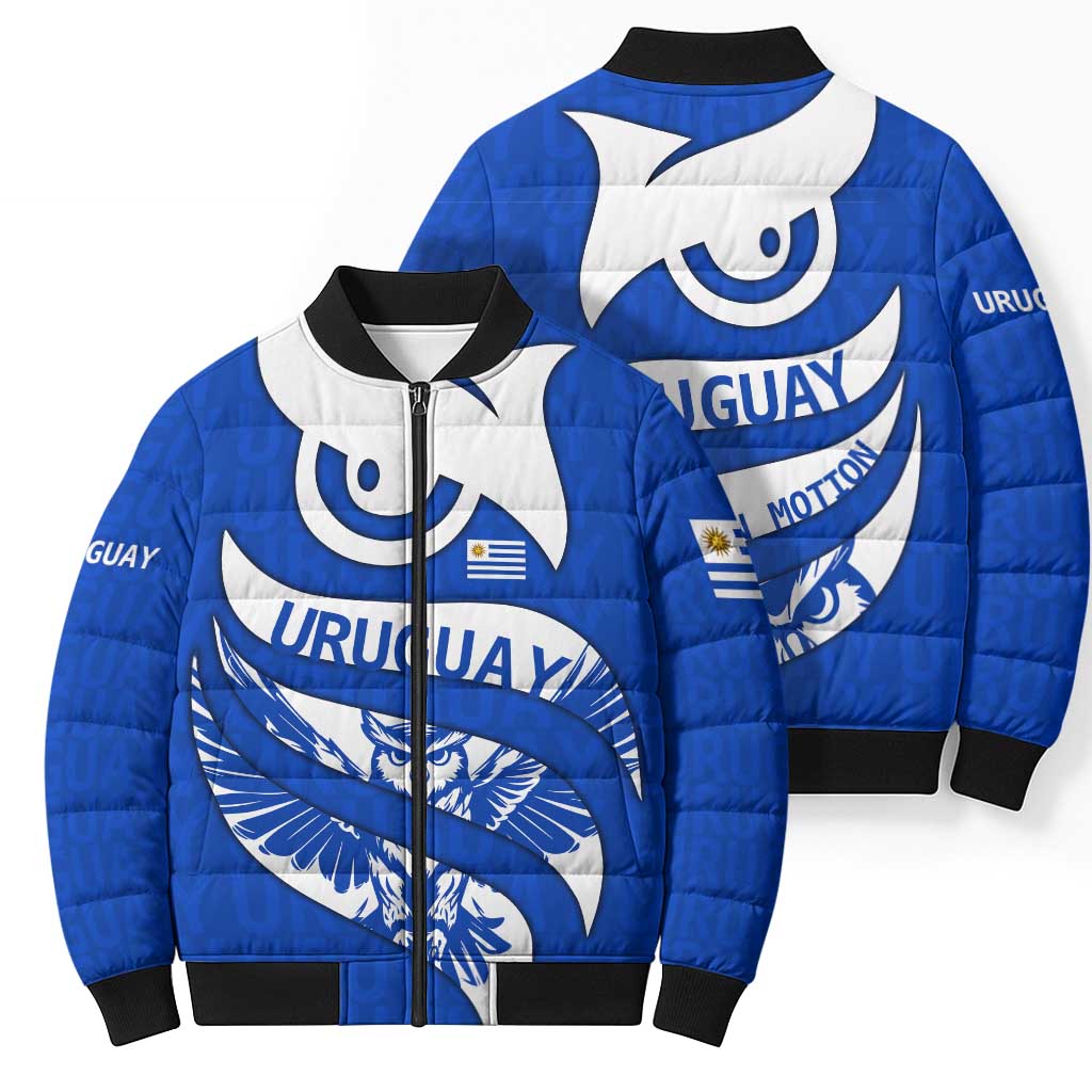Uruguay Bomber Puffer Jacket with Owl Illustration Blue White Abstract Motion Design - Wonder Print Shop