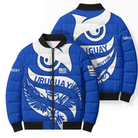Uruguay Bomber Puffer Jacket with Owl Illustration Blue White Abstract Motion Design - Wonder Print Shop