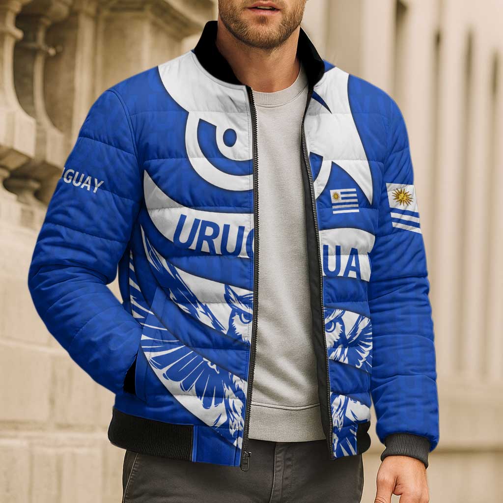 Uruguay Bomber Puffer Jacket with Owl Illustration Blue White Abstract Motion Design - Wonder Print Shop