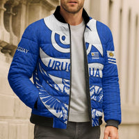 Uruguay Bomber Puffer Jacket with Owl Illustration Blue White Abstract Motion Design - Wonder Print Shop