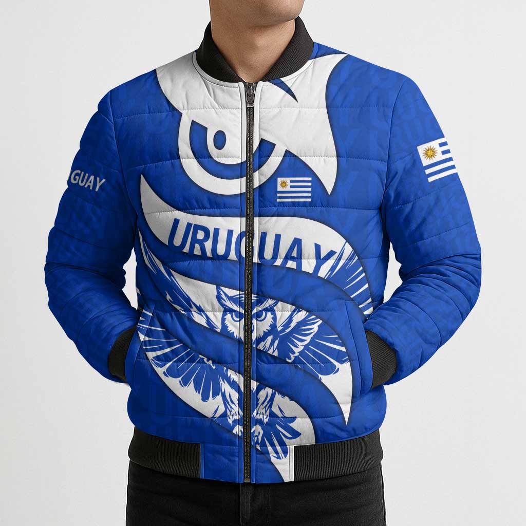 Uruguay Bomber Puffer Jacket with Owl Illustration Blue White Abstract Motion Design - Wonder Print Shop