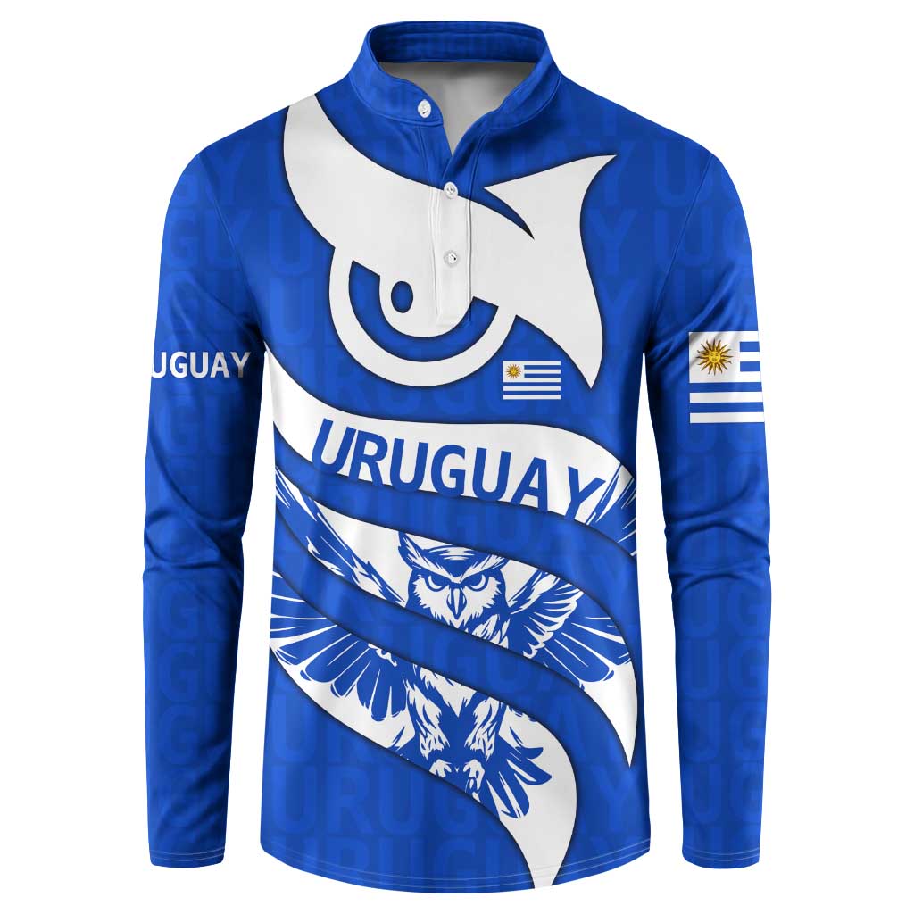 Uruguay Button Sweatshirt with Owl Illustration Blue White Abstract Motion Design - Wonder Print Shop