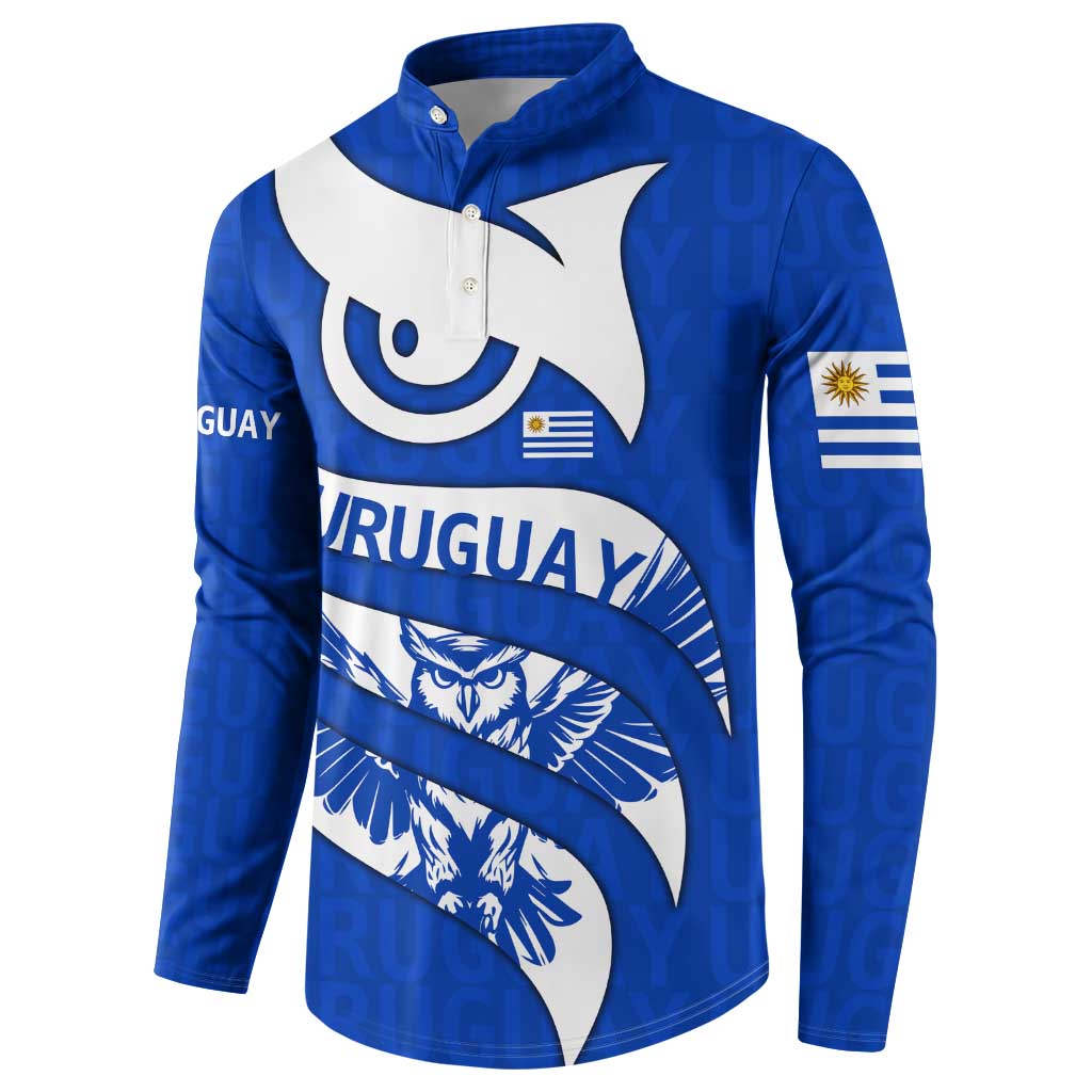 Uruguay Button Sweatshirt with Owl Illustration Blue White Abstract Motion Design - Wonder Print Shop