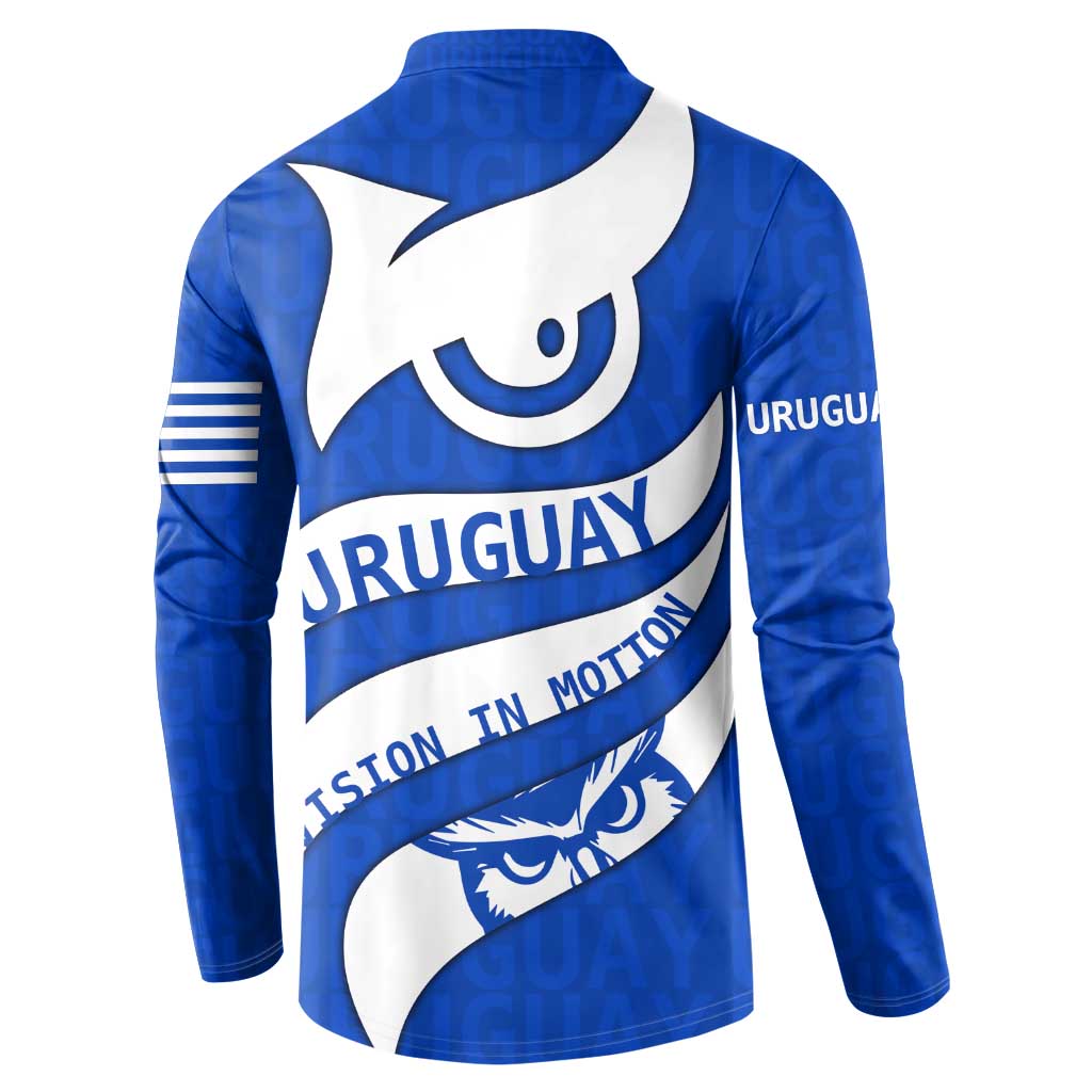 Uruguay Button Sweatshirt with Owl Illustration Blue White Abstract Motion Design - Wonder Print Shop