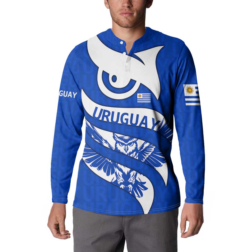 Uruguay Button Sweatshirt with Owl Illustration Blue White Abstract Motion Design - Wonder Print Shop