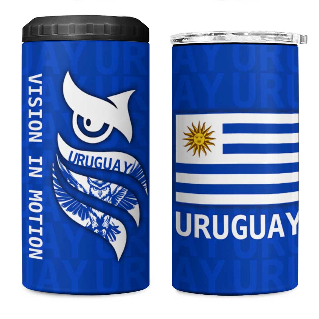 Uruguay 4 in 1 Can Cooler Tumbler with Owl Illustration Blue White Abstract Motion Design - Wonder Print Shop