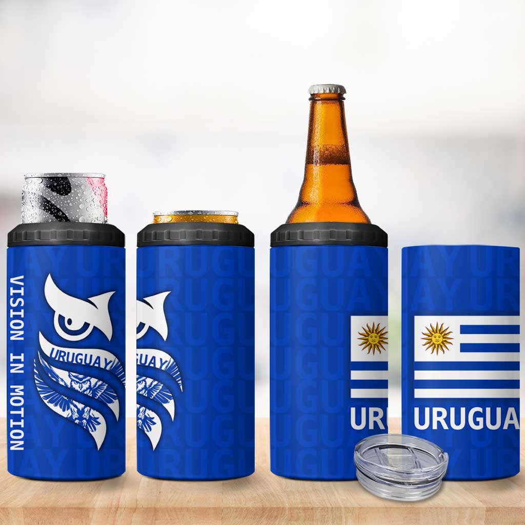 Uruguay 4 in 1 Can Cooler Tumbler with Owl Illustration Blue White Abstract Motion Design - Wonder Print Shop