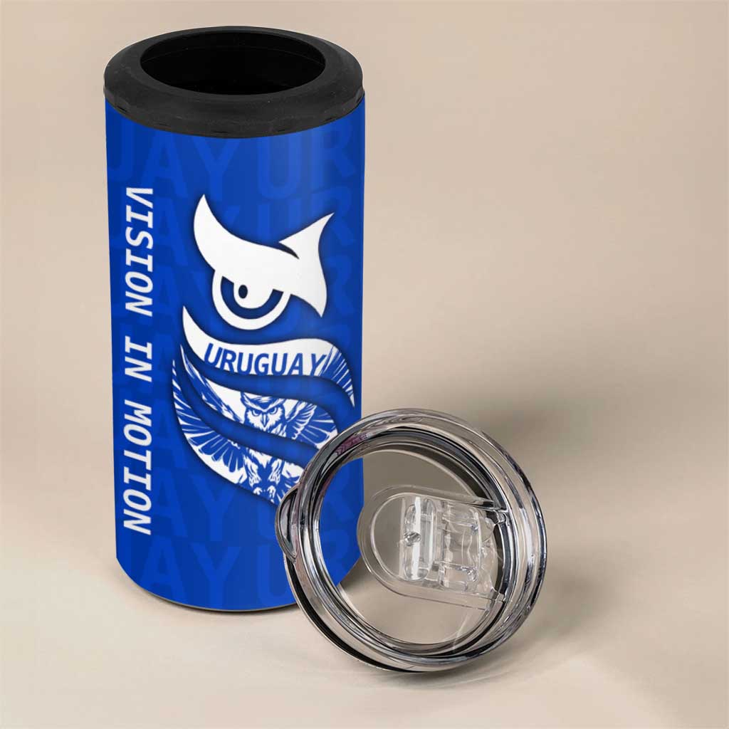 Uruguay 4 in 1 Can Cooler Tumbler with Owl Illustration Blue White Abstract Motion Design - Wonder Print Shop