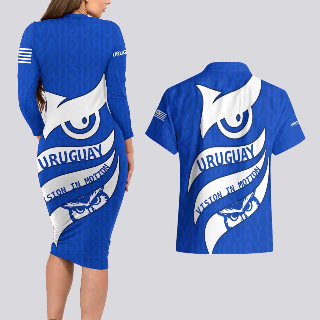 Uruguay Couples Matching Long Sleeve Bodycon Dress and Hawaiian Shirt with Owl Illustration Blue White Abstract Motion Design - Wonder Print Shop