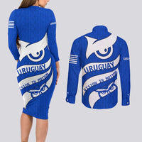 Uruguay Couples Matching Long Sleeve Bodycon Dress and Long Sleeve Button Shirt with Owl Illustration Blue White Abstract Motion Design - Wonder Print Shop