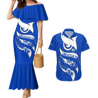 Uruguay Couples Matching Mermaid Dress and Hawaiian Shirt with Owl Illustration Blue White Abstract Motion Design - Wonder Print Shop