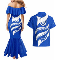 Uruguay Couples Matching Mermaid Dress and Hawaiian Shirt with Owl Illustration Blue White Abstract Motion Design - Wonder Print Shop