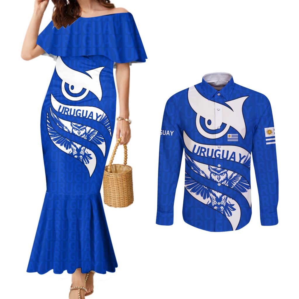 Uruguay Couples Matching Mermaid Dress and Long Sleeve Button Shirt with Owl Illustration Blue White Abstract Motion Design - Wonder Print Shop