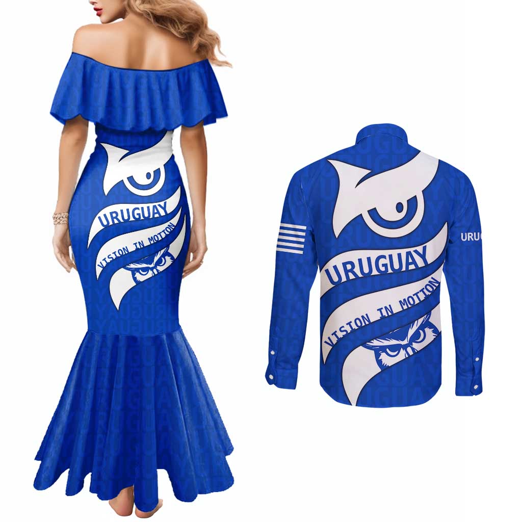 Uruguay Couples Matching Mermaid Dress and Long Sleeve Button Shirt with Owl Illustration Blue White Abstract Motion Design - Wonder Print Shop