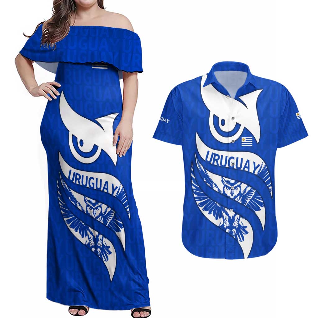 Uruguay Couples Matching Off Shoulder Maxi Dress and Hawaiian Shirt with Owl Illustration Blue White Abstract Motion Design - Wonder Print Shop