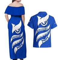 Uruguay Couples Matching Off Shoulder Maxi Dress and Hawaiian Shirt with Owl Illustration Blue White Abstract Motion Design - Wonder Print Shop