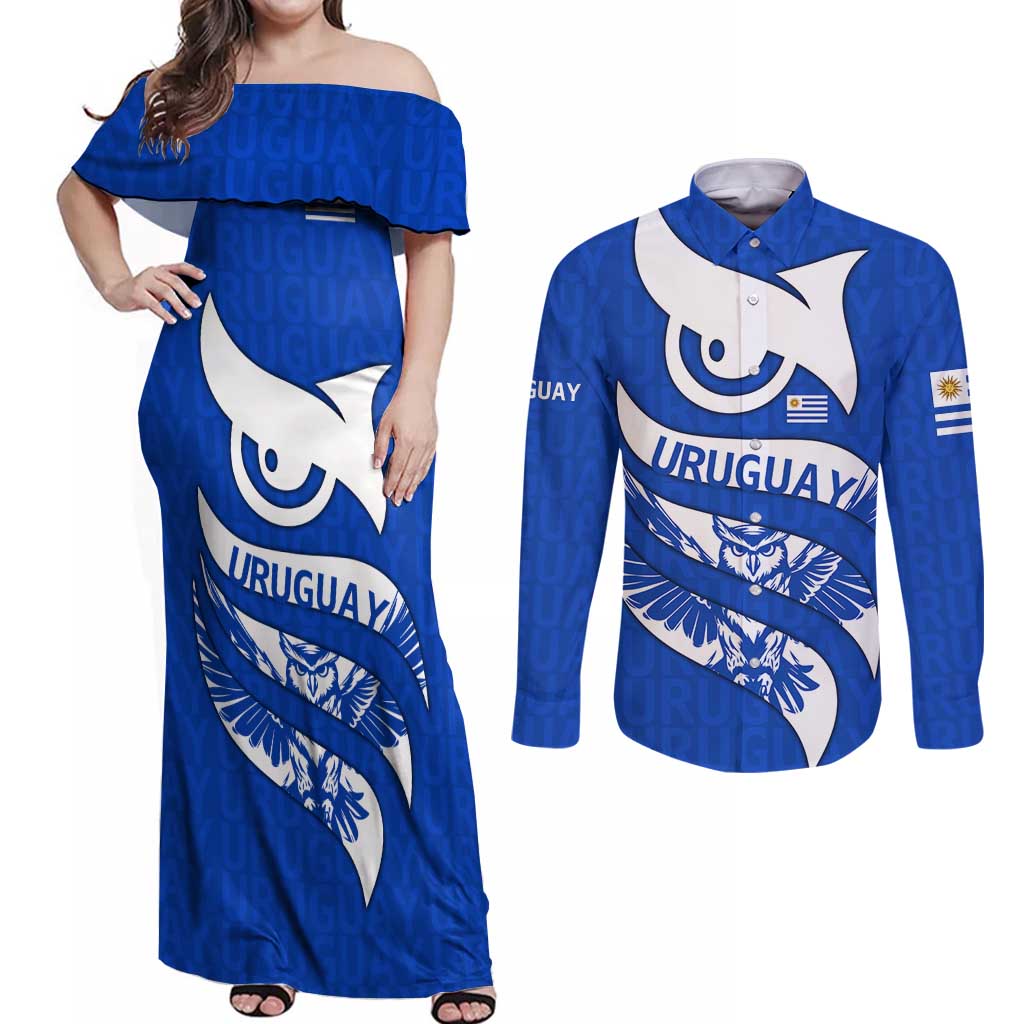 Uruguay Couples Matching Off Shoulder Maxi Dress and Long Sleeve Button Shirt with Owl Illustration Blue White Abstract Motion Design - Wonder Print Shop