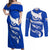 Uruguay Couples Matching Off Shoulder Maxi Dress and Long Sleeve Button Shirt with Owl Illustration Blue White Abstract Motion Design - Wonder Print Shop