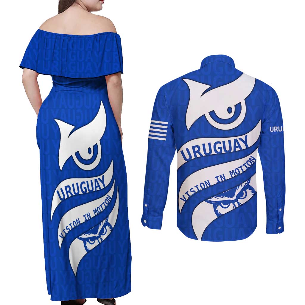 Uruguay Couples Matching Off Shoulder Maxi Dress and Long Sleeve Button Shirt with Owl Illustration Blue White Abstract Motion Design - Wonder Print Shop