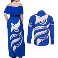Uruguay Couples Matching Off Shoulder Maxi Dress and Long Sleeve Button Shirt with Owl Illustration Blue White Abstract Motion Design - Wonder Print Shop