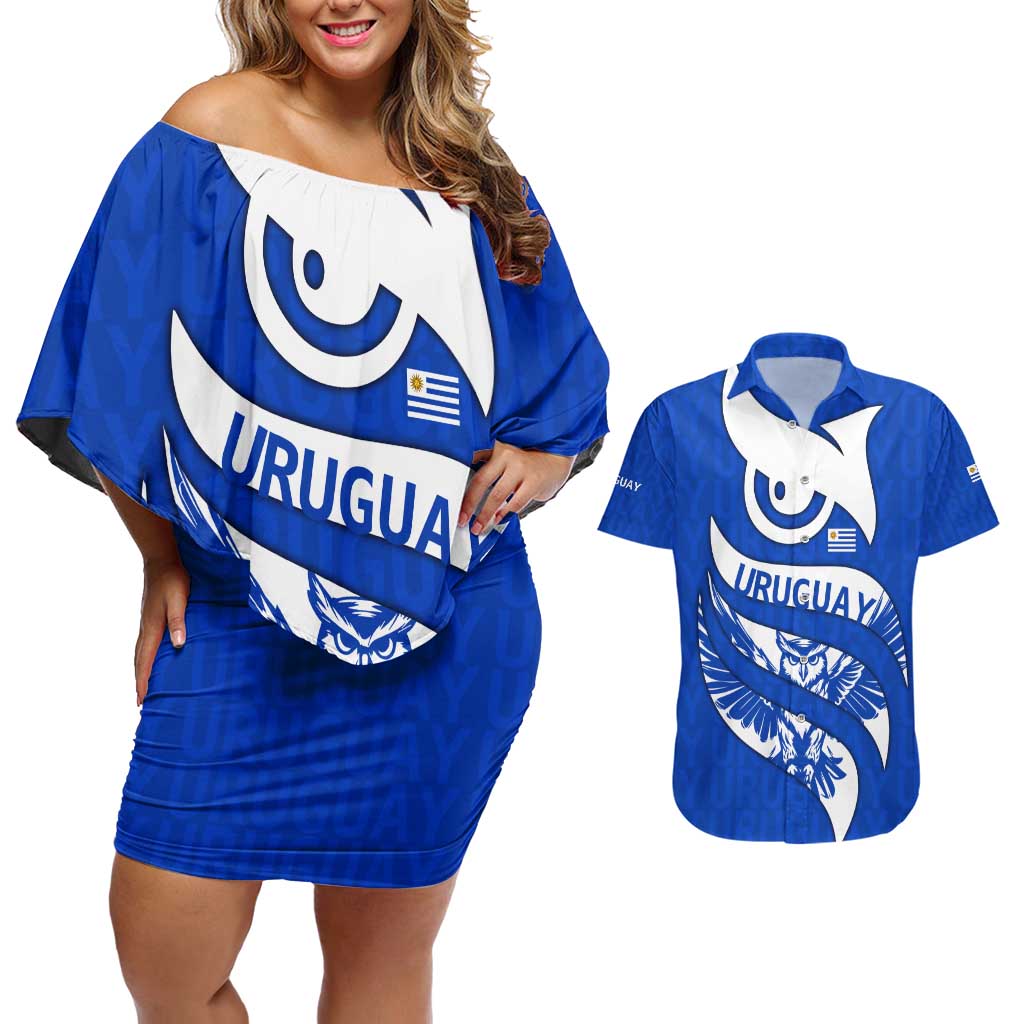 Uruguay Couples Matching Off Shoulder Short Dress and Hawaiian Shirt with Owl Illustration Blue White Abstract Motion Design - Wonder Print Shop