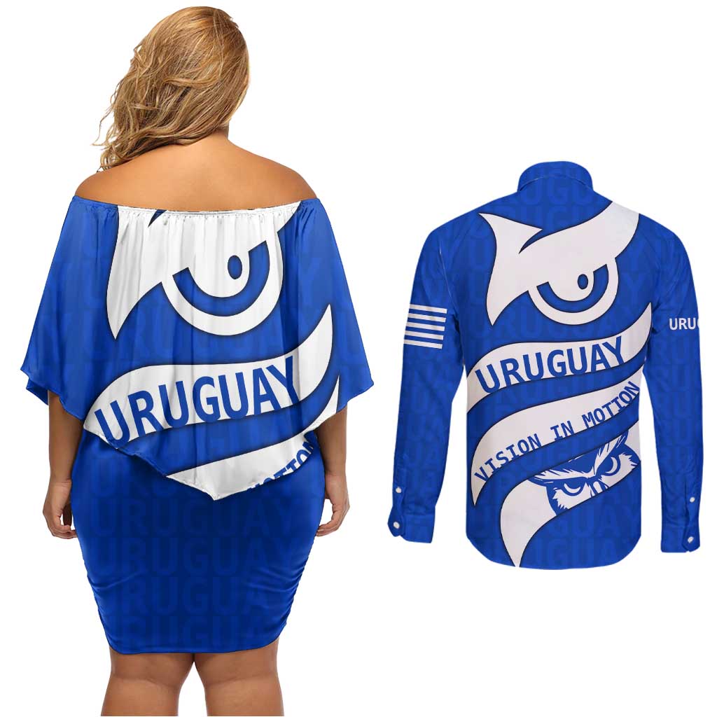 Uruguay Couples Matching Off Shoulder Short Dress and Long Sleeve Button Shirt with Owl Illustration Blue White Abstract Motion Design - Wonder Print Shop