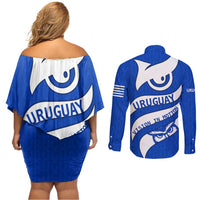 Uruguay Couples Matching Off Shoulder Short Dress and Long Sleeve Button Shirt with Owl Illustration Blue White Abstract Motion Design - Wonder Print Shop