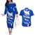 Uruguay Couples Matching Off The Shoulder Long Sleeve Dress and Hawaiian Shirt with Owl Illustration Blue White Abstract Motion Design - Wonder Print Shop