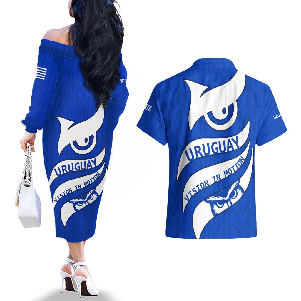 Uruguay Couples Matching Off The Shoulder Long Sleeve Dress and Hawaiian Shirt with Owl Illustration Blue White Abstract Motion Design - Wonder Print Shop