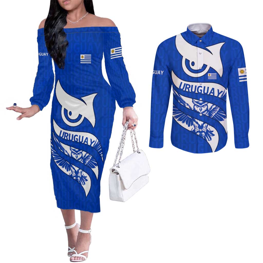 Uruguay Couples Matching Off The Shoulder Long Sleeve Dress and Long Sleeve Button Shirt with Owl Illustration Blue White Abstract Motion Design - Wonder Print Shop