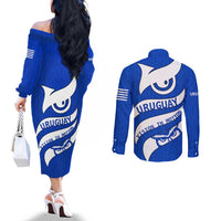 Uruguay Couples Matching Off The Shoulder Long Sleeve Dress and Long Sleeve Button Shirt with Owl Illustration Blue White Abstract Motion Design - Wonder Print Shop